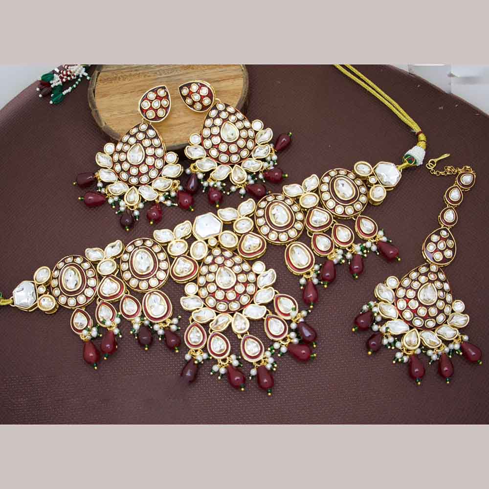 JCM Polki Kundan Stone And Beads Meenakari Choker Necklace Set