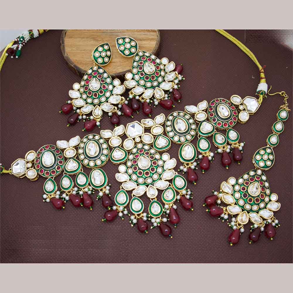 JCM Polki Kundan Stone And Beads Meenakari Choker Necklace Set