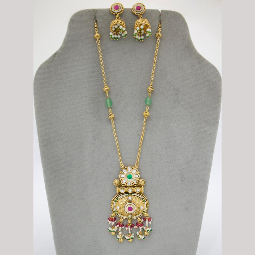 JCM Gold Plated Ethnic Pota Stone And Pearls Beads Long Necklace Set