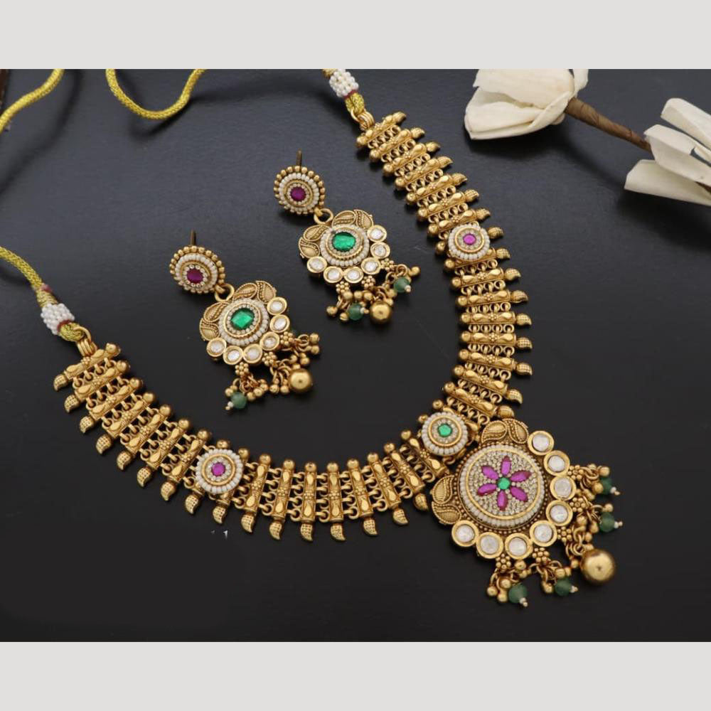 JCM Handcrafted Antique Temple Motifs with Kundan Stone Necklace Set