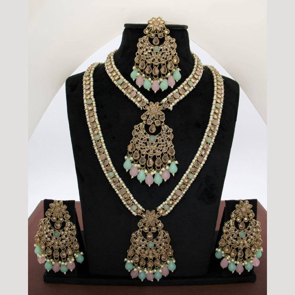 JCM Royal Kundan and Beads Double Layer Long Necklace Set with Mangtikka Earrings