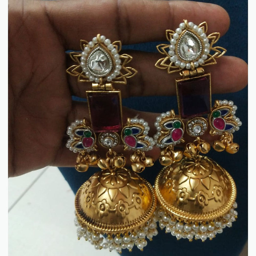 JCM Antique Dual Tone Pota Stone Pearl And Ghungroo Jhumki Earrings