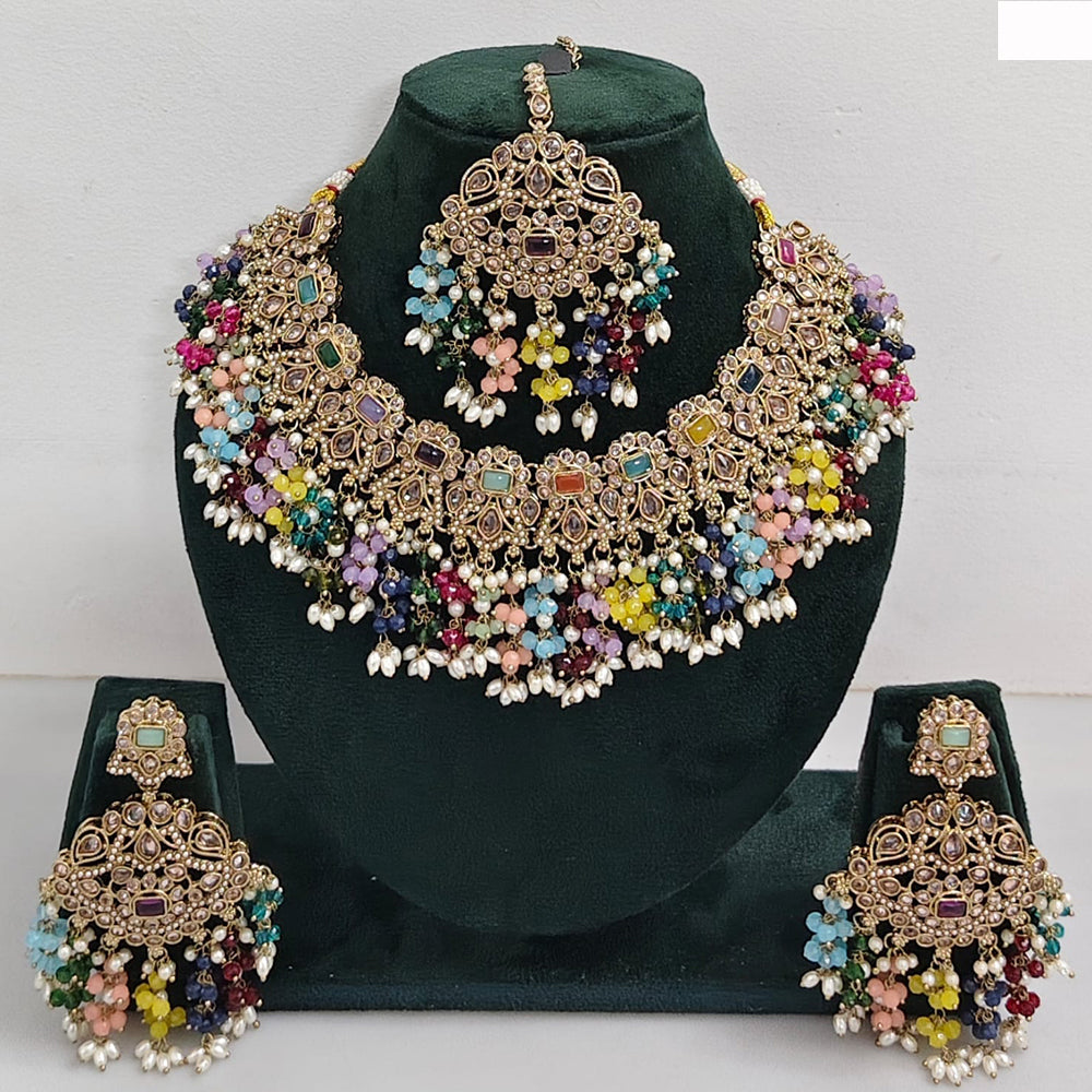 JCM Austrian Stone Pearl and Beads Necklace set with Mangtikka Earrings