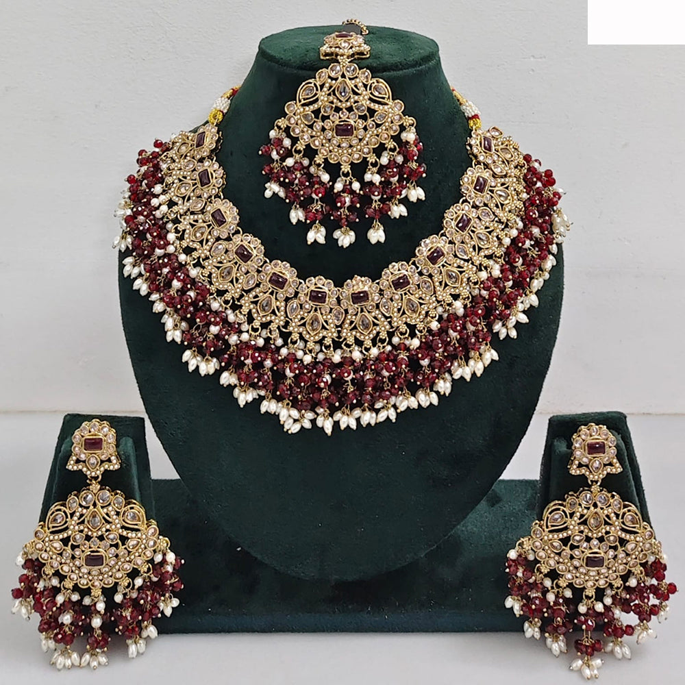 JCM Austrian Stone Pearl and Beads Necklace set with Mangtikka Earrings