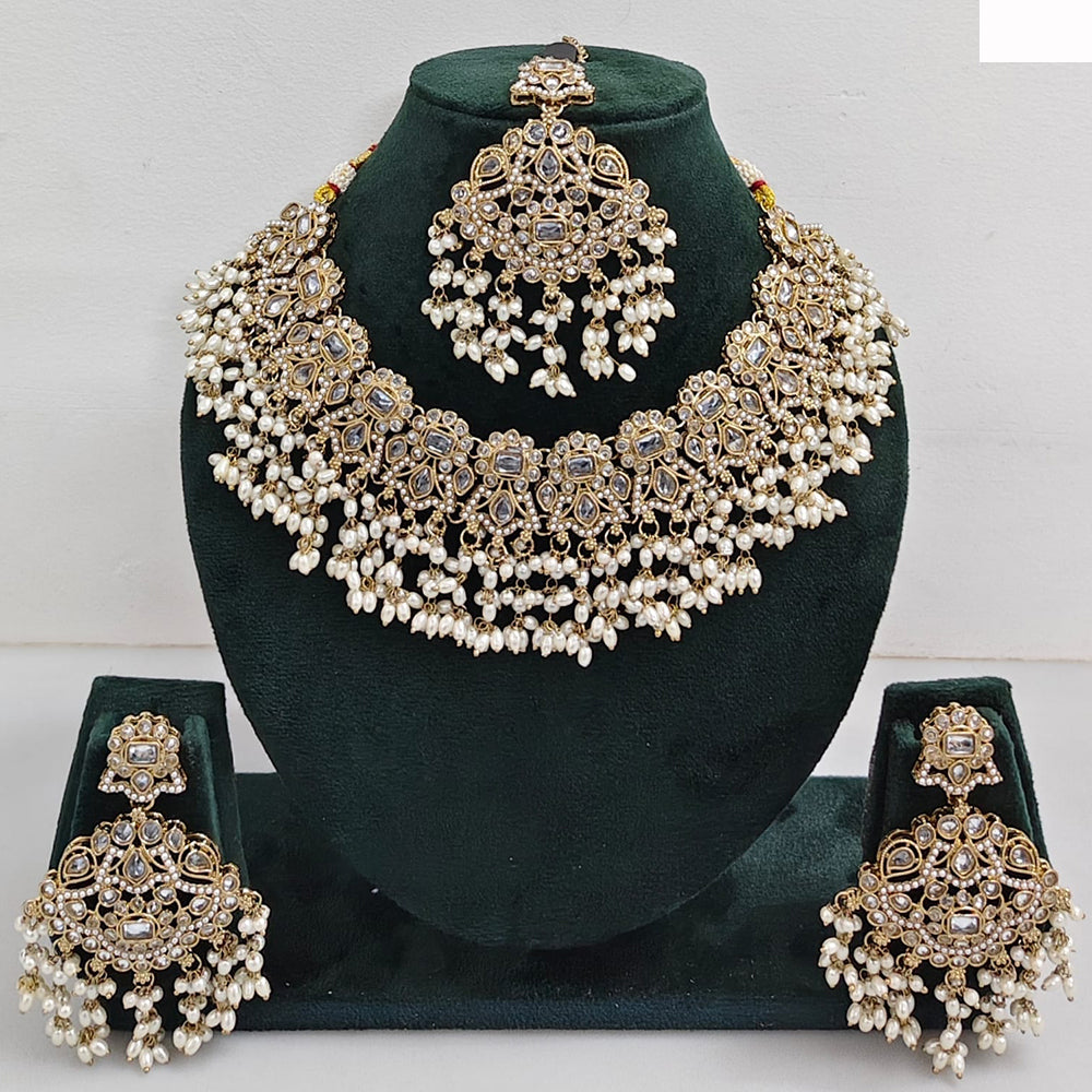JCM Austrian Stone Pearl and Beads Necklace set with Mangtikka Earrings