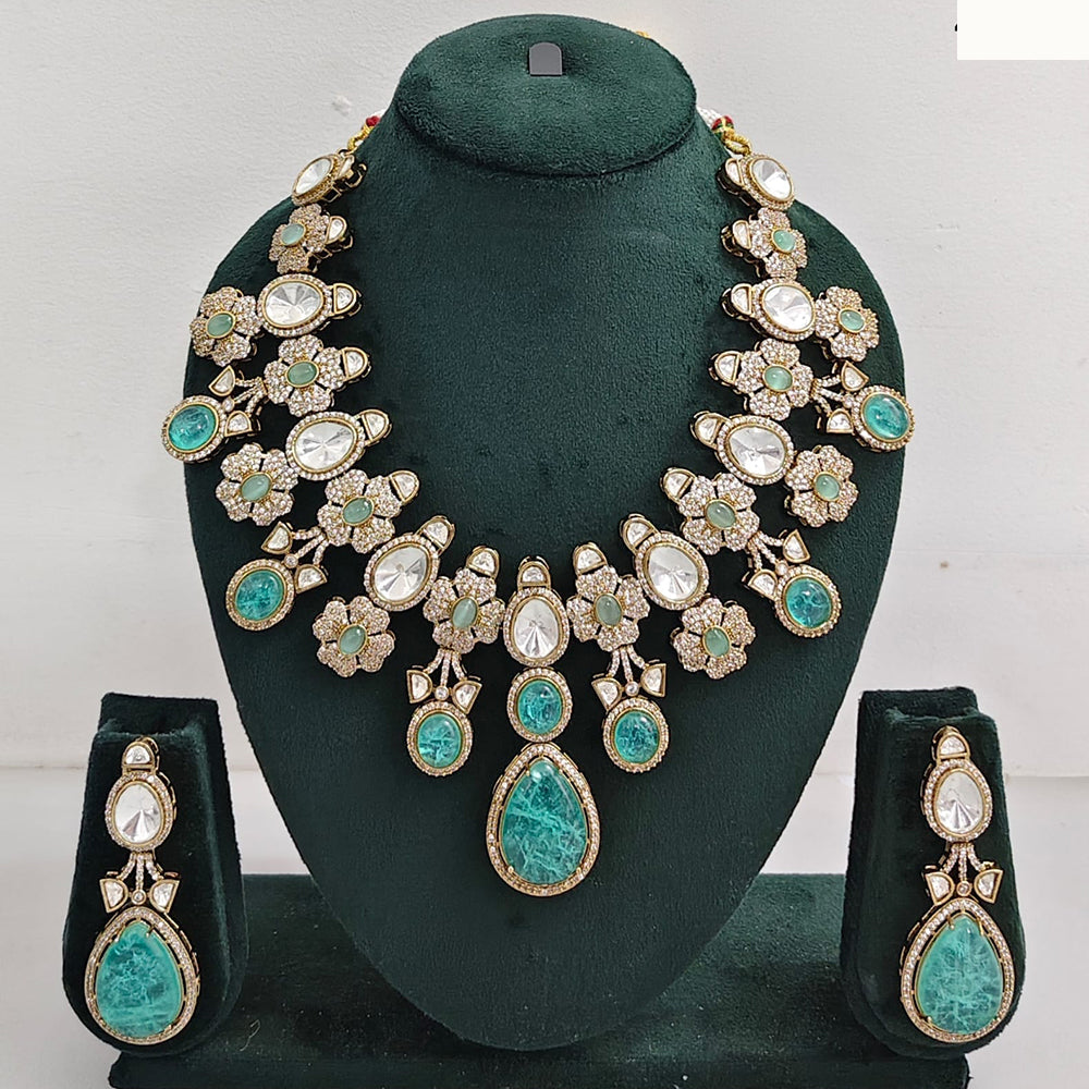 JCM Floral Kundan and Turquoise Stone Accents Necklace Set