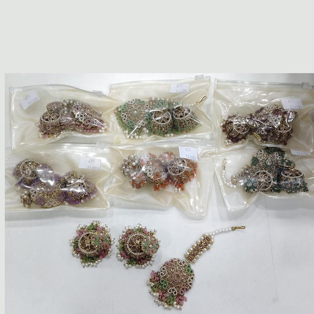 JCM Sparkling Crystal Pearl And Beaded Jhumki Earrings With Maangtikka