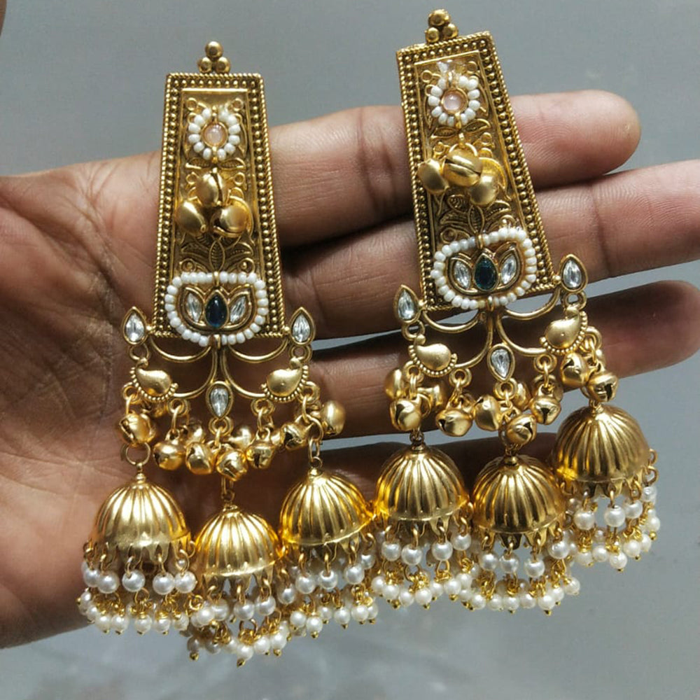 JCM Heritage Kundan Stone Pearl And Ghungroo Jhumki Earrings