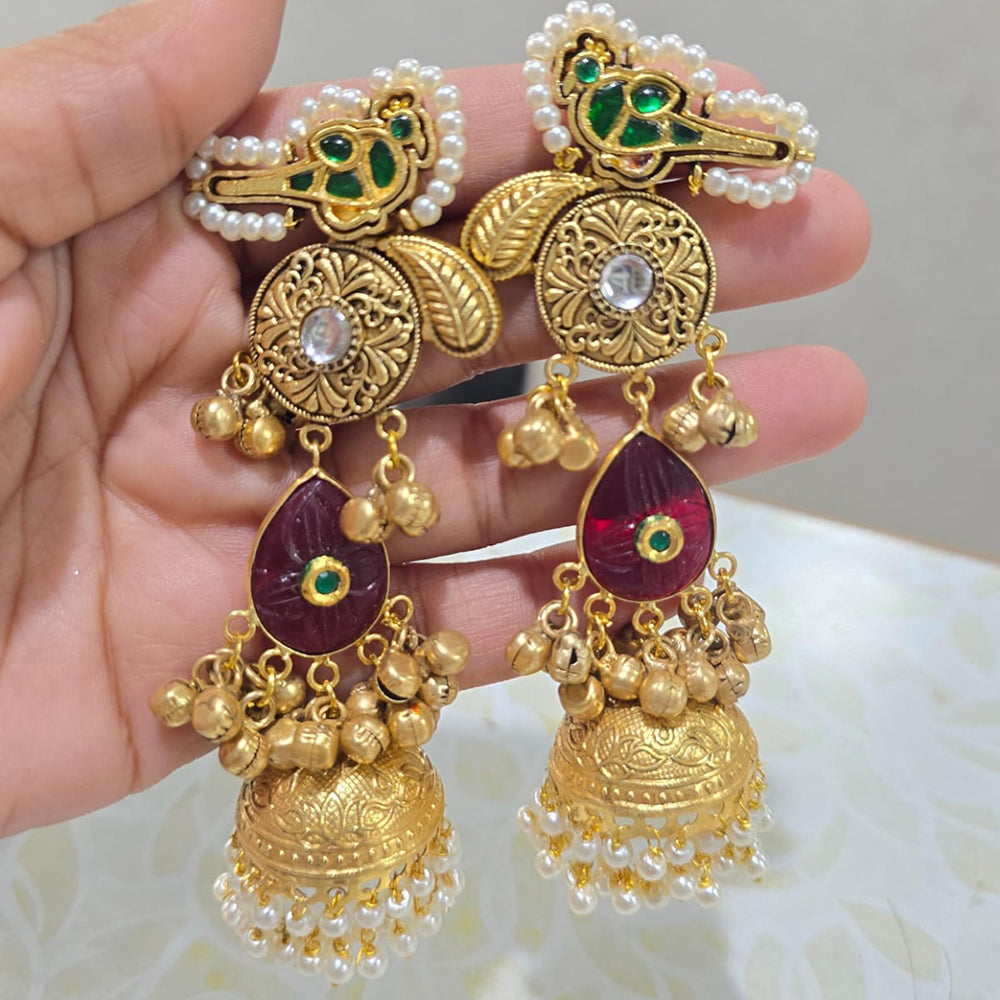 JCM Heritage Kundan Stone Pearl And Ghungroo Jhumki Earrings