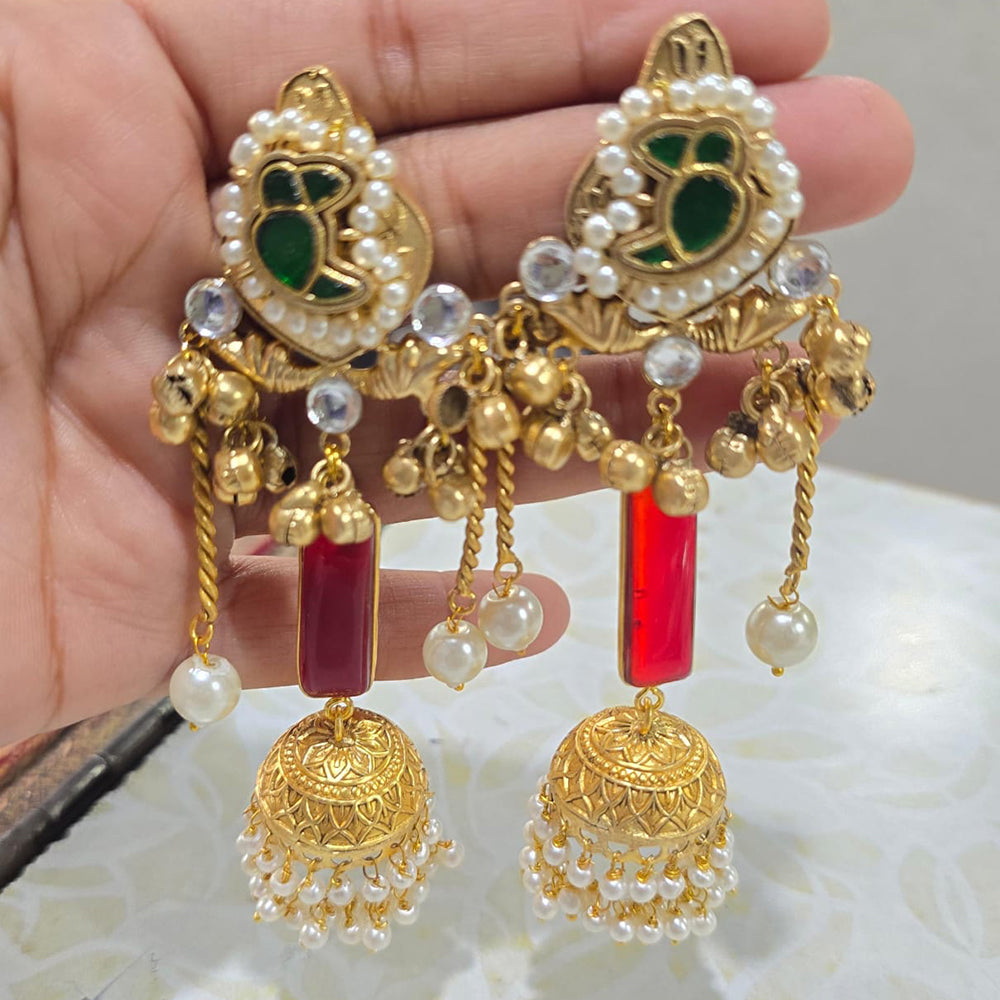 JCM Heritage Kundan Stone Pearl And Ghungroo Jhumki Earrings