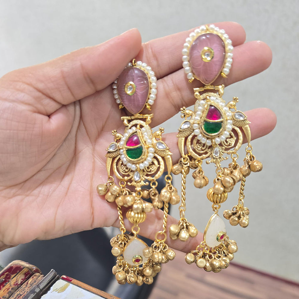 JCM Graceful Kundan Stone Pearl And Ghungroo Dangler Earrings