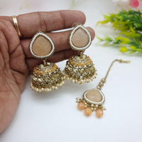 JCM Sparkling Crystal Pearl And Beaded Jhumki Earrings With Maangtikka