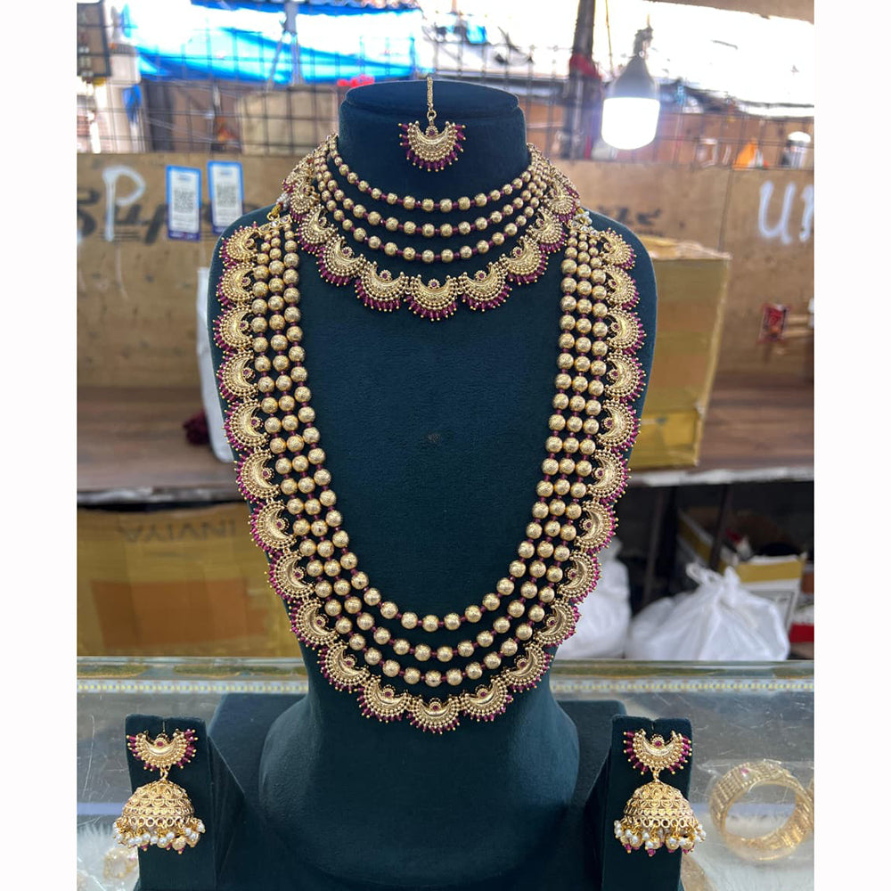 JCM Royal Look Pota Stone And Pearl Double Necklace Jewellery Set