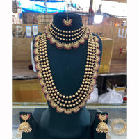 JCM Royal Look Pota Stone And Pearl Double Necklace Jewellery Set