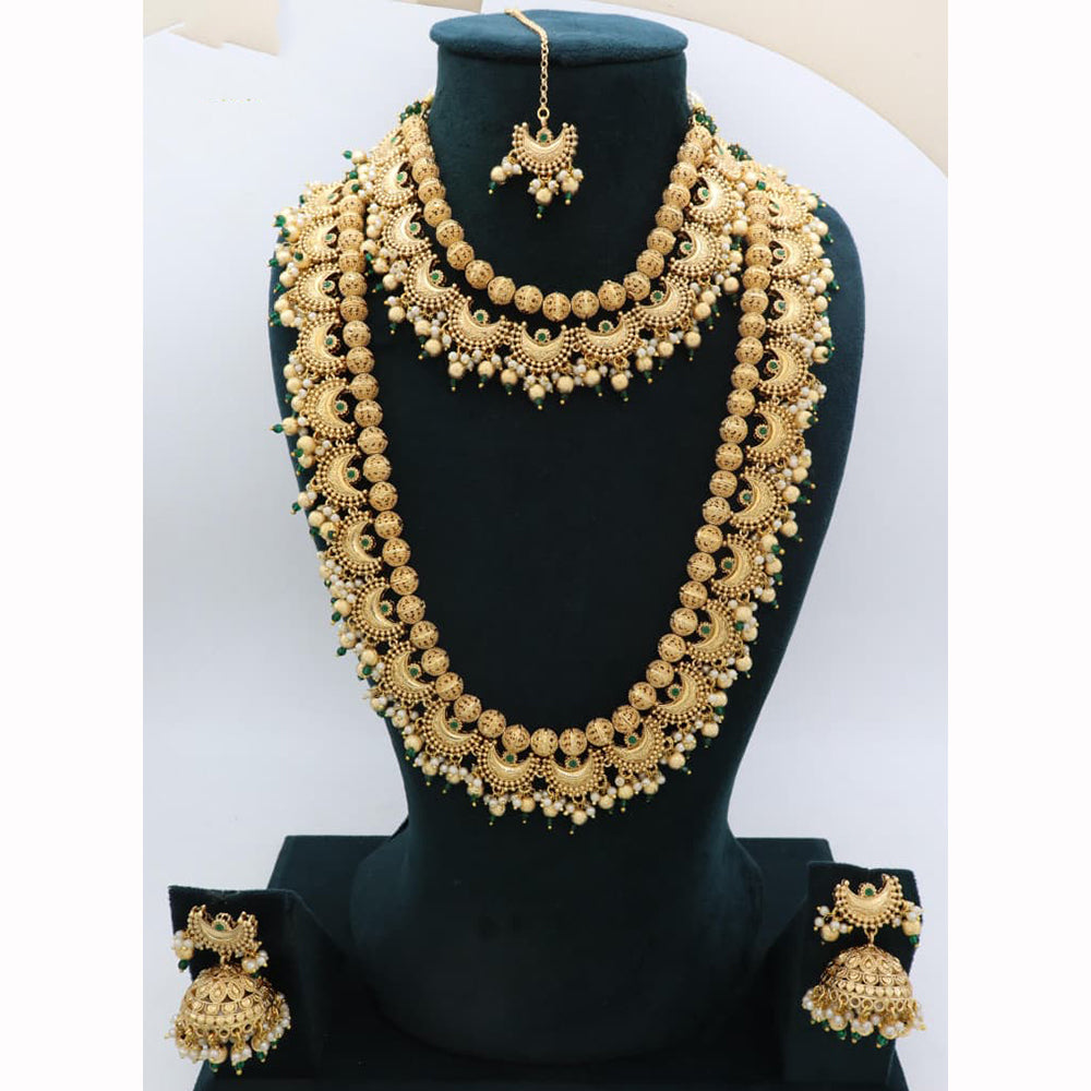 JCM Royal Look Pota Stone And Pearl Double Necklace Jewellery Set
