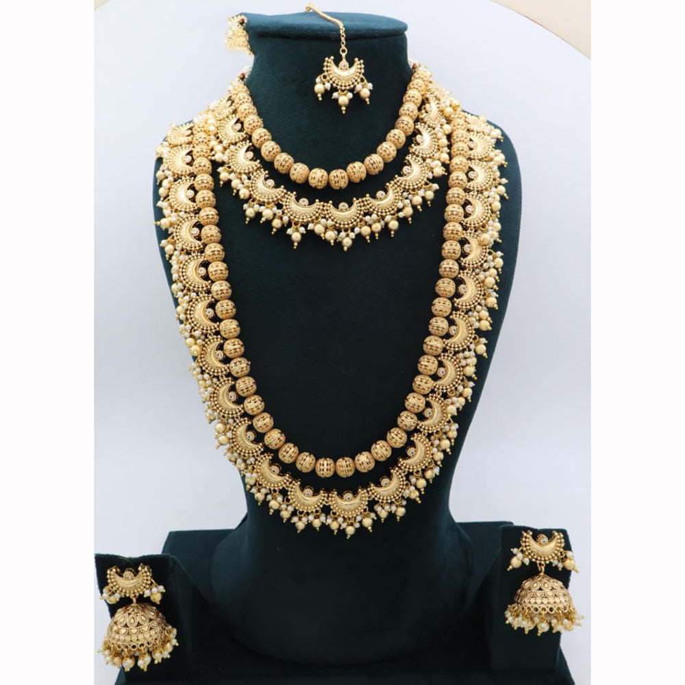 JCM Royal Look Pota Stone And Pearl Double Necklace Jewellery Set