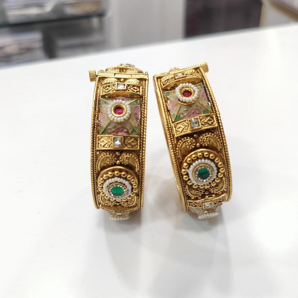 JCM Grand Pota Stone And Pearl Meenakari Openable Bangles Set