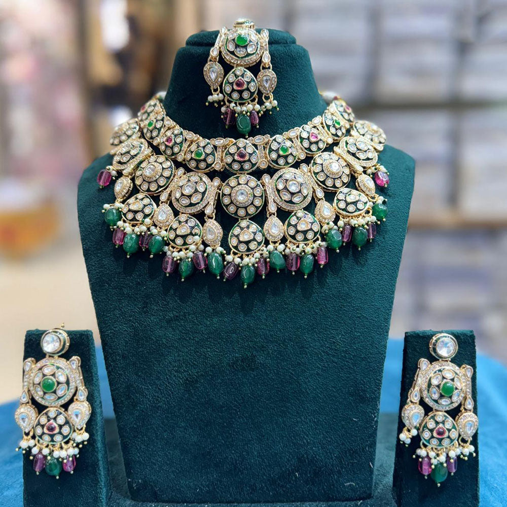 JCM Antique Finish Pota Stone And Meenakari Beads Choker Necklace Set