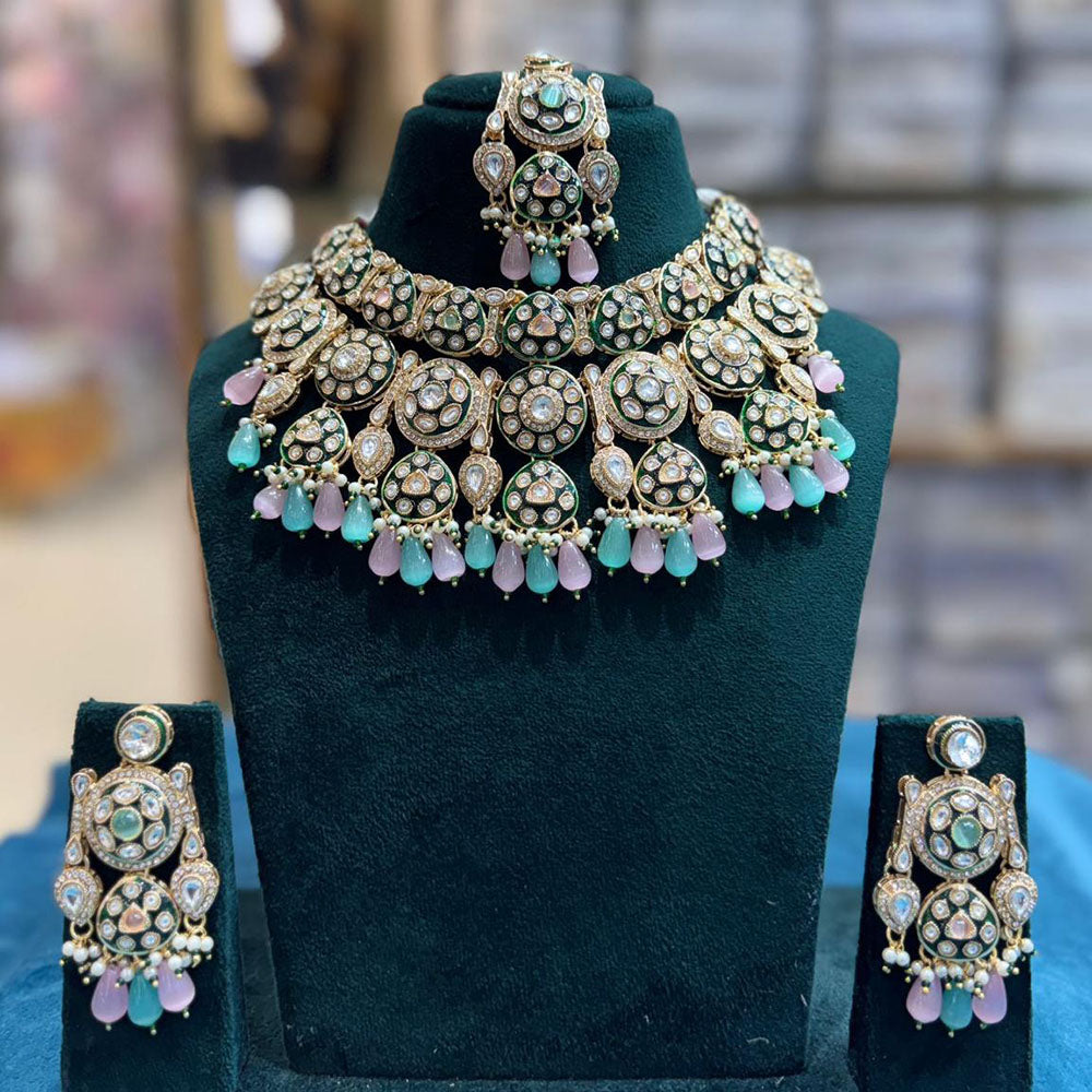 JCM Antique Finish Pota Stone And Meenakari Beads Choker Necklace Set