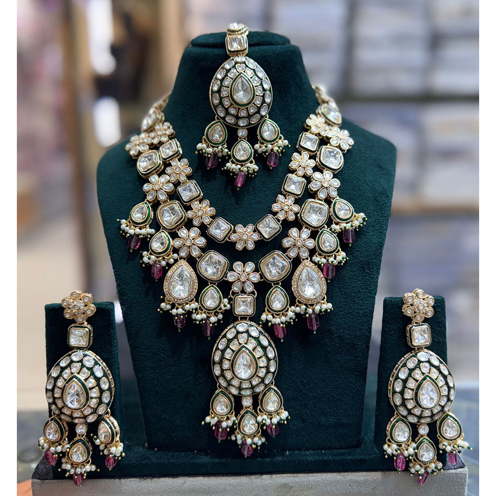 JCM Antique Finish Pota Stone Pearl And Meenakari Beads Necklace Set