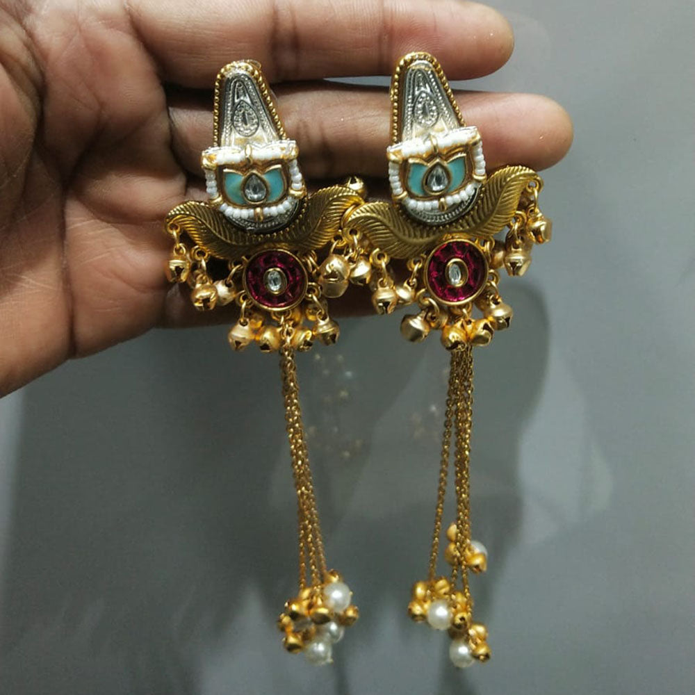 JCM Regal 2-Tone Kundan Stone Ghungroo And Pearl Kashmiri Long Dangler Earrings