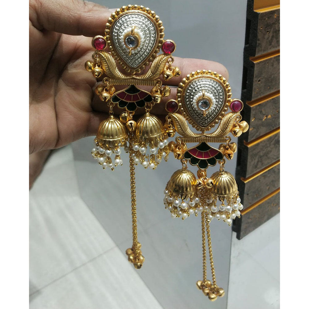 JCM Regal 2-Tone Kundan Ghungroo And Meenakari Kashmiri Long Dangler Earrings