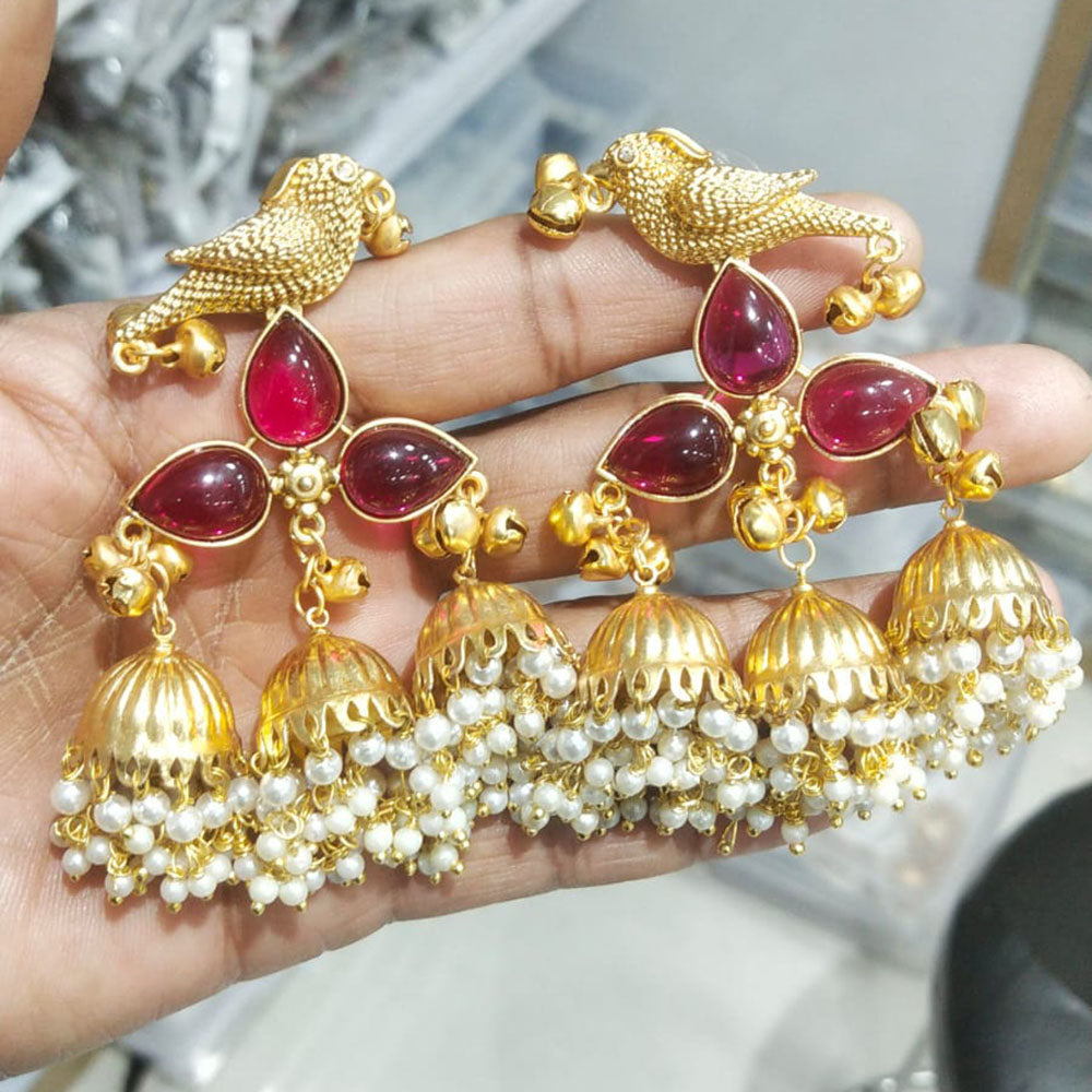 JCM Regal Bird Charm Pota Stone Ghungroo And Pearl Jhumki Earrings
