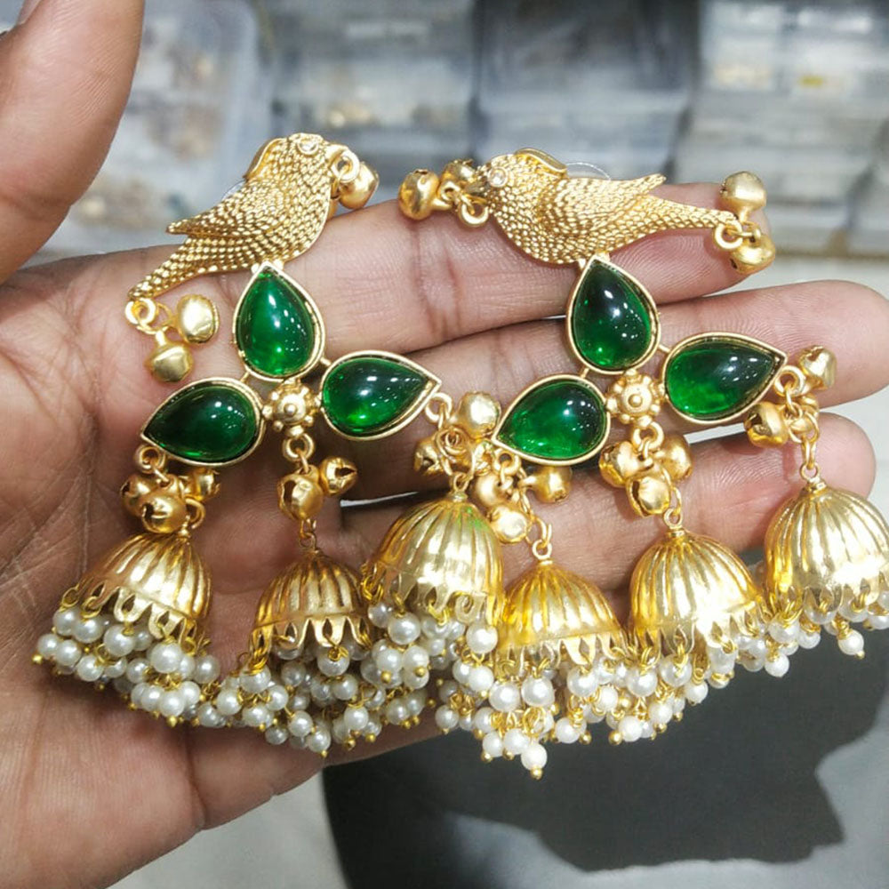 JCM Regal Bird Charm Pota Stone Ghungroo And Pearl Jhumki Earrings