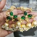 JCM Regal Bird Charm Pota Stone Ghungroo And Pearl Jhumki Earrings