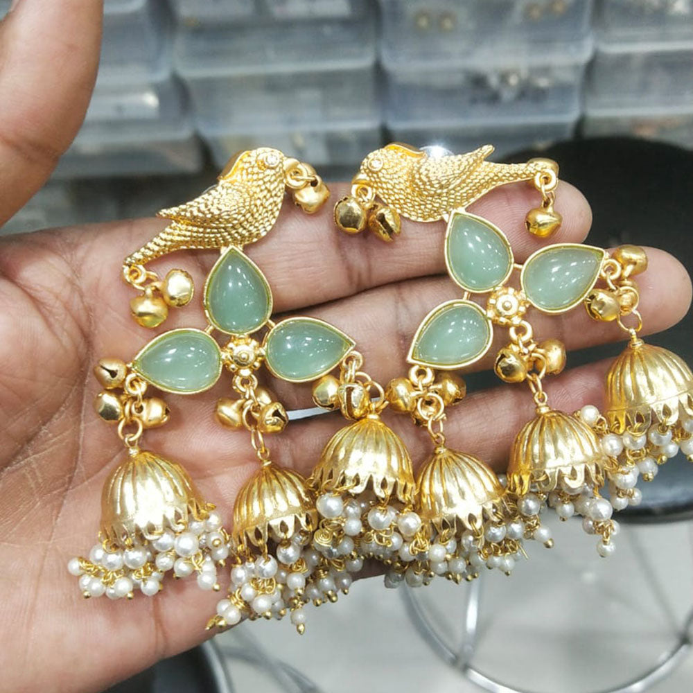 JCM Regal Bird Charm Pota Stone Ghungroo And Pearl Jhumki Earrings