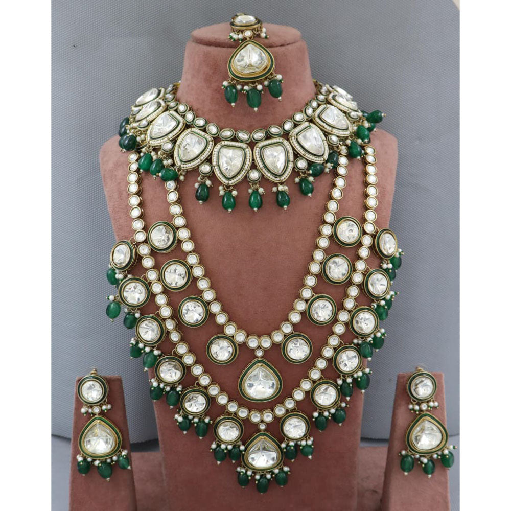 JCM Royal Kundan Stone Pearl And Beads Double Layer Necklace Set