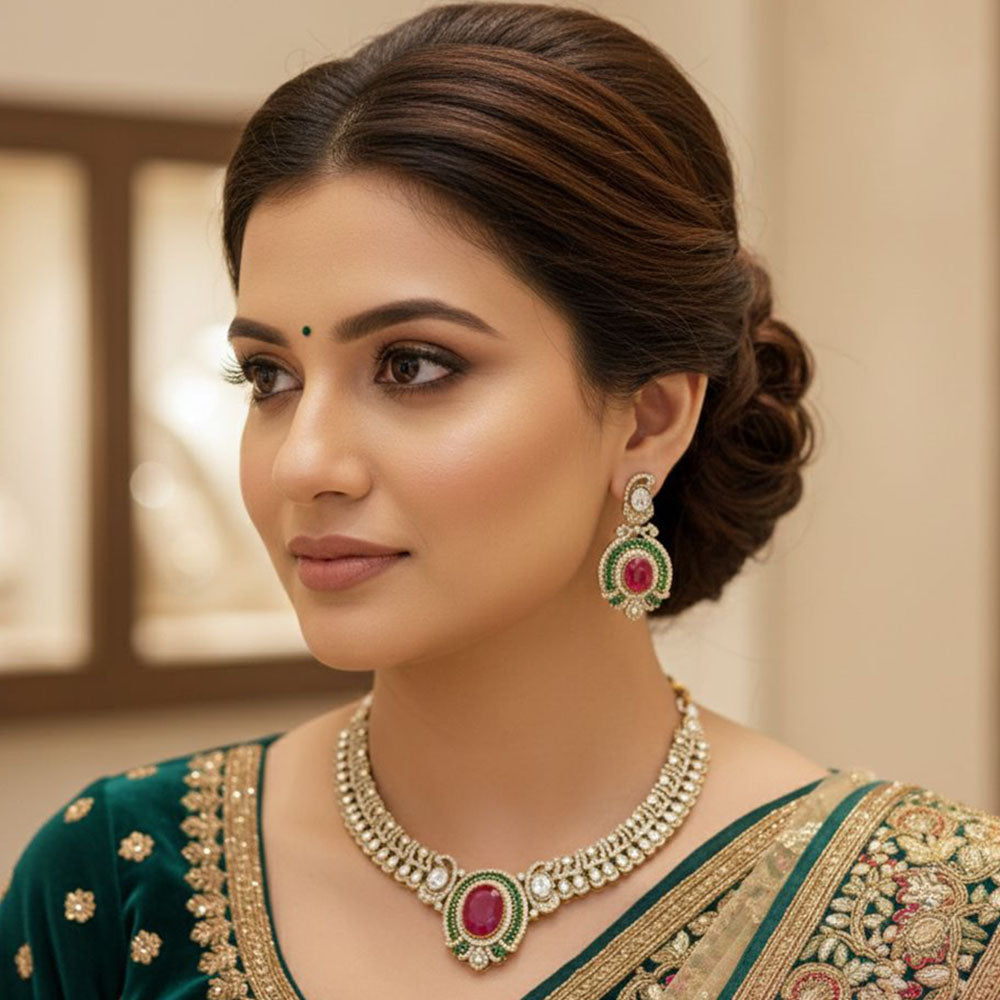 JCM Designer Polki Kundan Stone Statement Necklace Set
