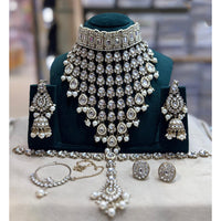 JCM Gold Plated Kundan Stone And Pearls Semi Bridal Necklace Set