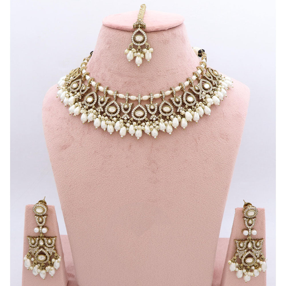 JCM Pota Stone And Austrian Stone Pearl Designer Necklace Set