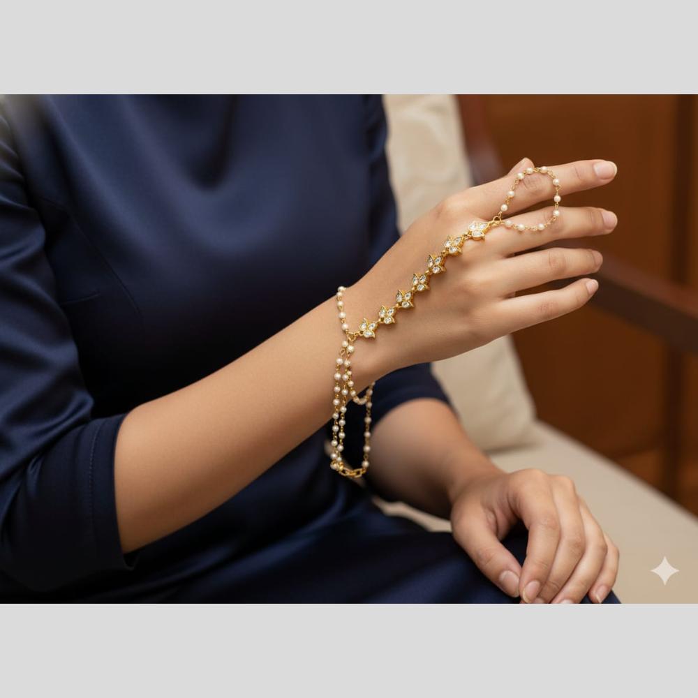 JCM Antique Kundan Stone And Pearl Hand Harness Set