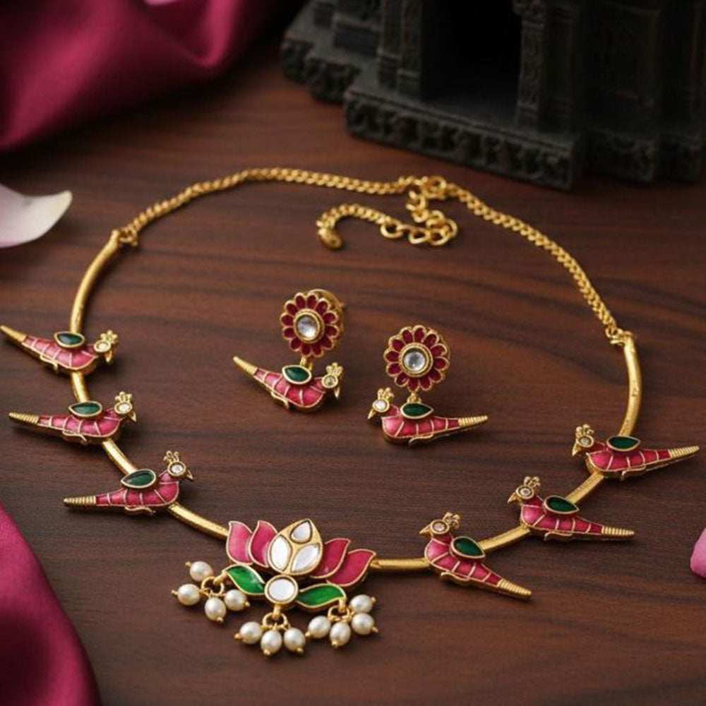 JCM  Royal Bird Motifs Polki Kundan Stone With Beads Necklace Set