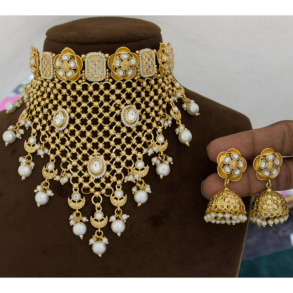 JCM Premium Designer Pota Stone And Pearl Choker Necklace Set
