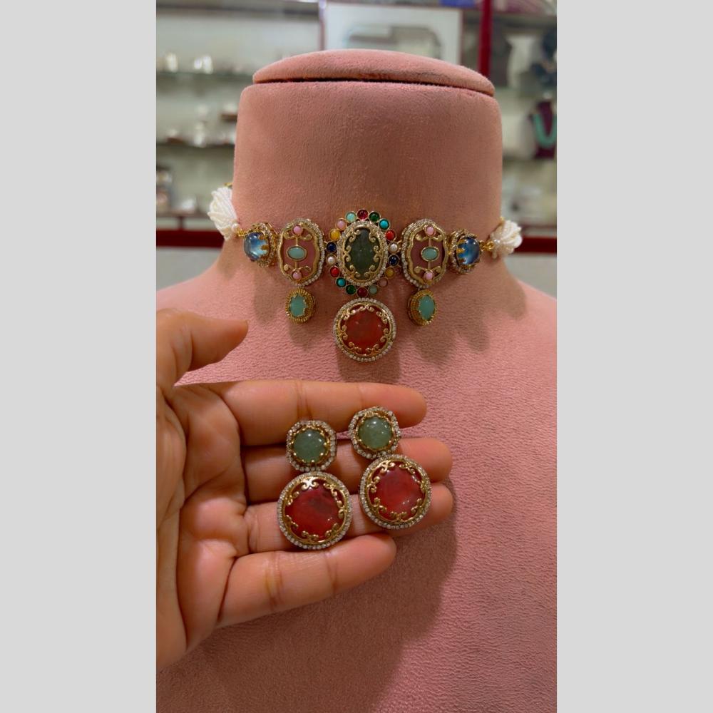 JCM Glam Multi Color Pota Stone And Pearl Choker Necklace Set