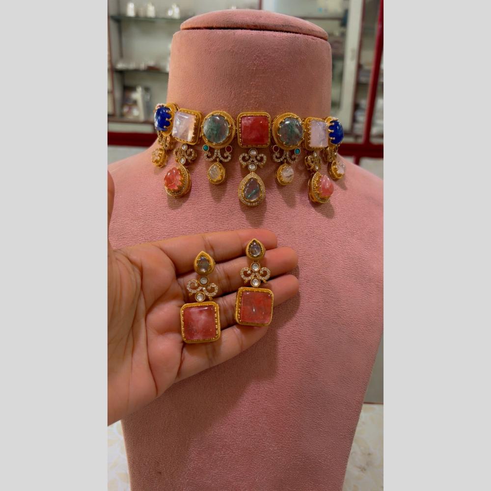 JCM Glam Multi Color Pota Stone And Pearl Choker Necklace Set