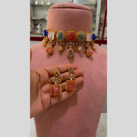 JCM Glam Multi Color Pota Stone And Pearl Choker Necklace Set
