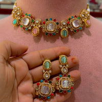 JCM Premium Designer Pota Stone Multi Color Choker Necklace Set