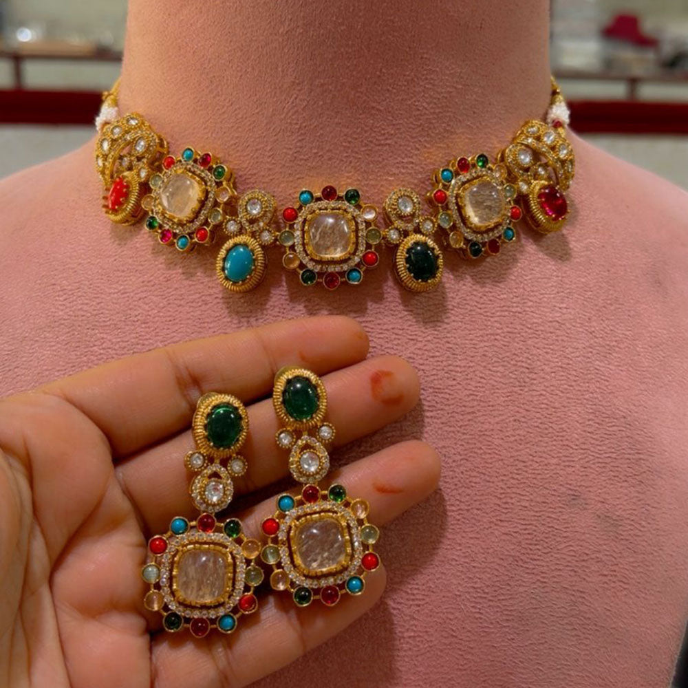 JCM Premium Designer Pota Stone Multi Color Choker Necklace Set