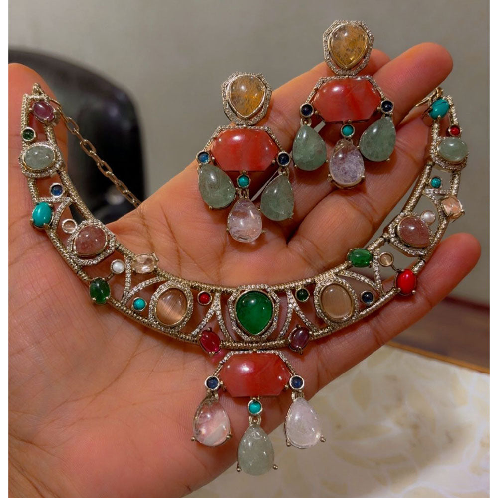 JCM Heritage Multi Color Pota Stone And Austrian Stone Necklace Set