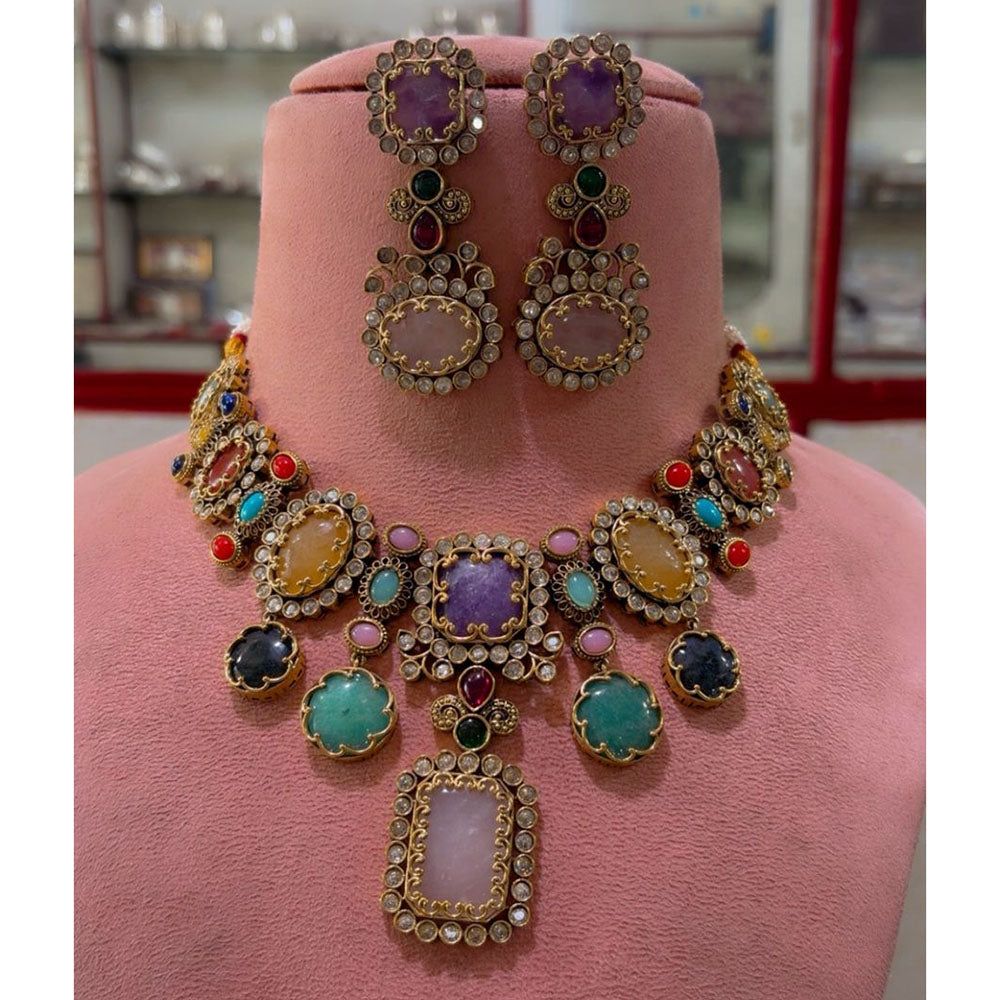 JCM Heritage Multi Color Pota Stone And Austrian Stone Necklace Set