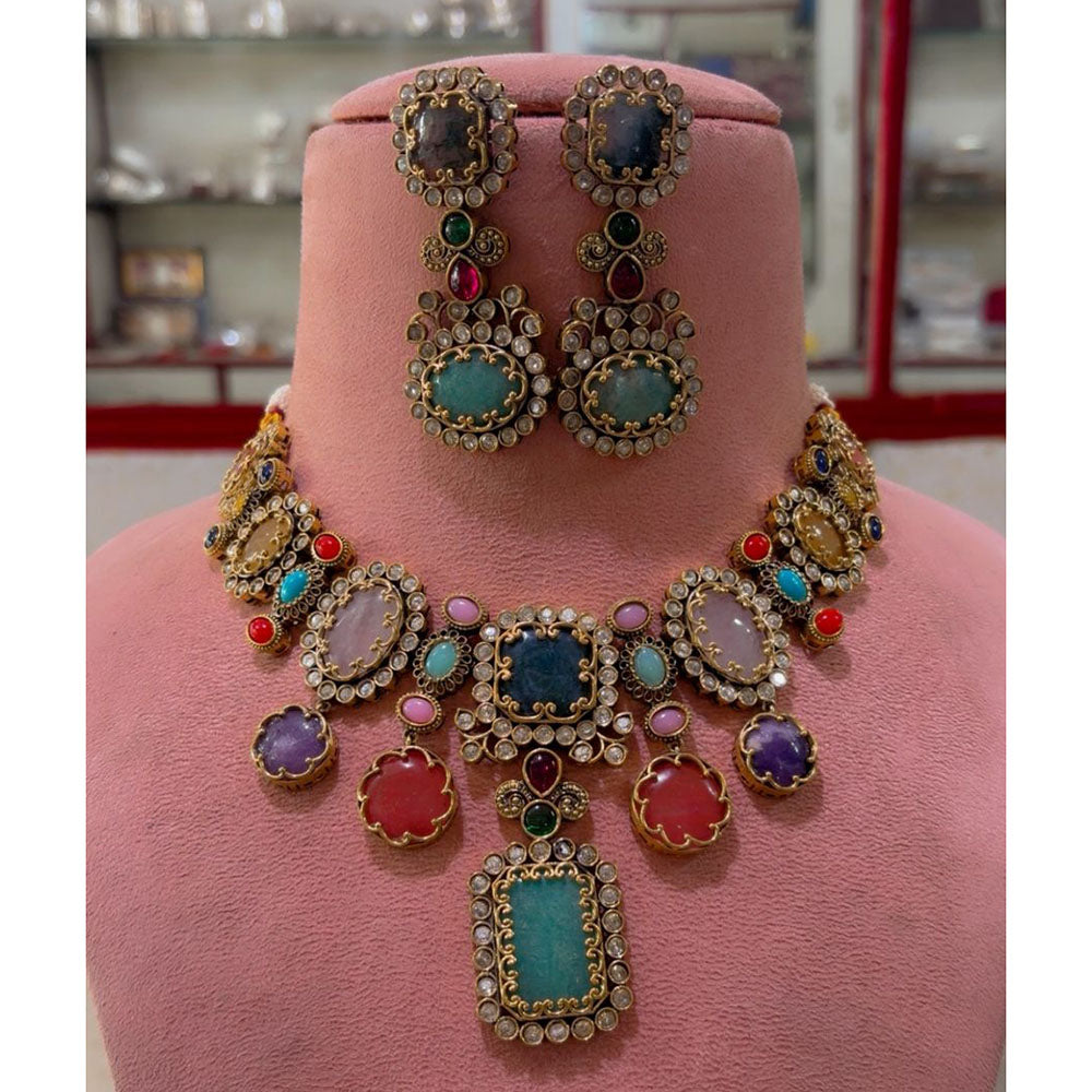 JCM Heritage Multi Color Pota Stone And Austrian Stone Necklace Set