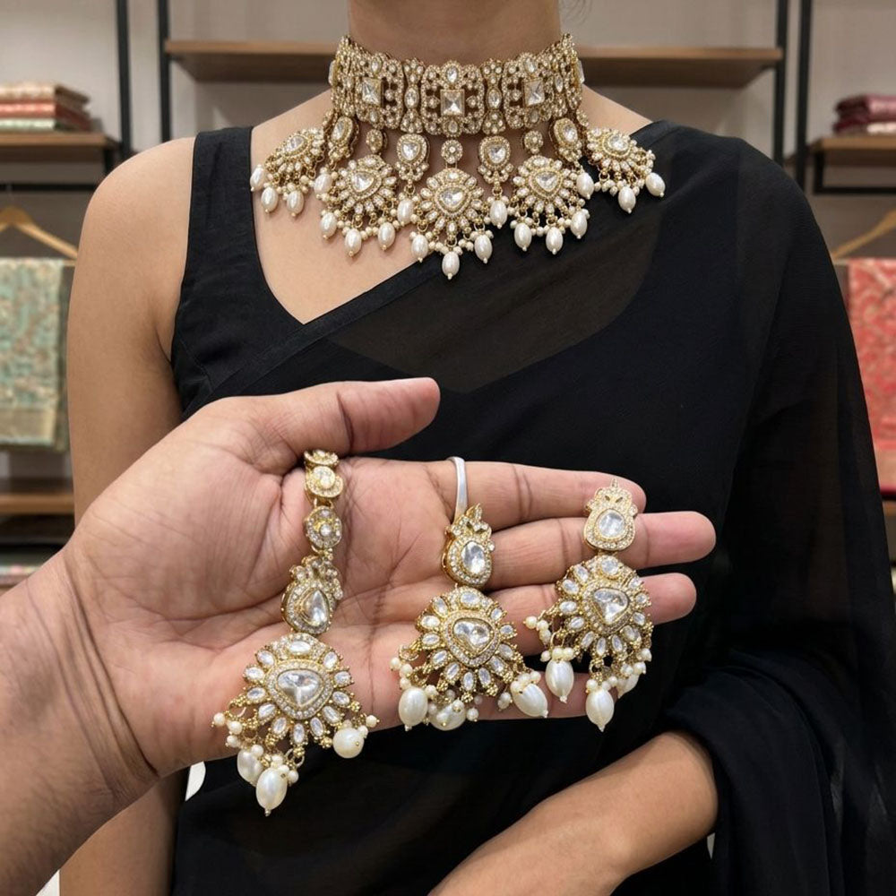 JCM Party Wear Polki Kundan Pearl And Beads Choker Necklace Set