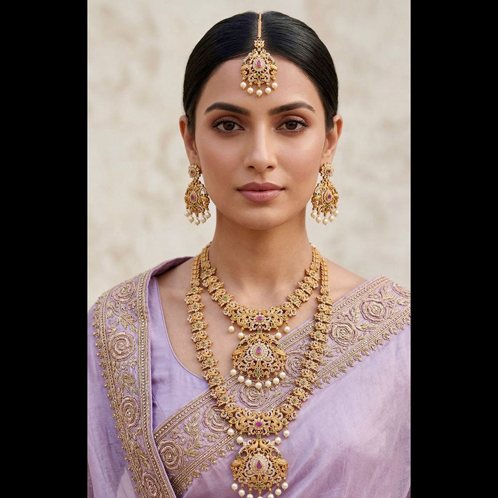 JCM Ethnic Style Pota Stones And Pearl  Double Necklace Set