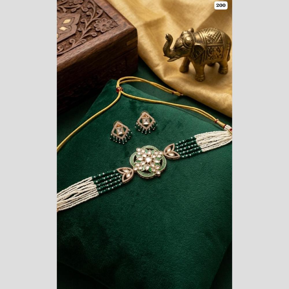 JCM Polki Kundan Stone And Pearl Meenakari Choker Necklace Set 