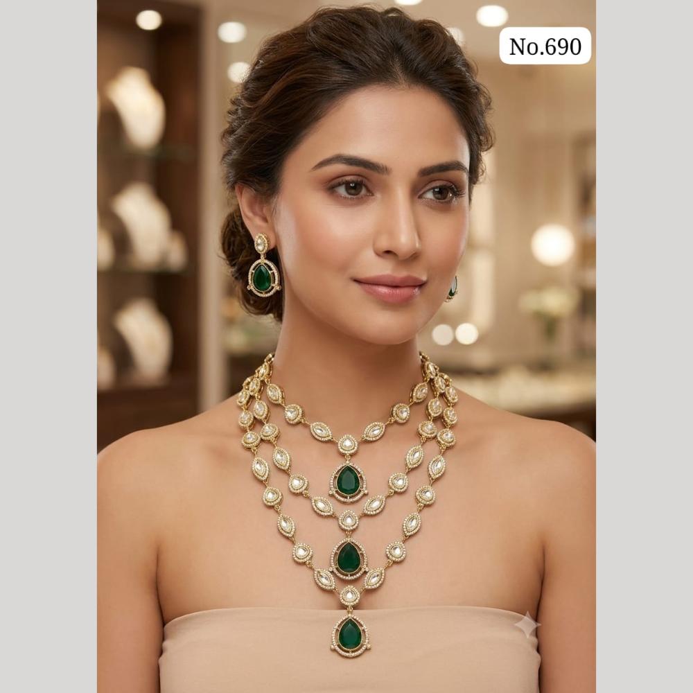 JCM Luxury Polki Kundan Stone Triple Layer Necklace Set 