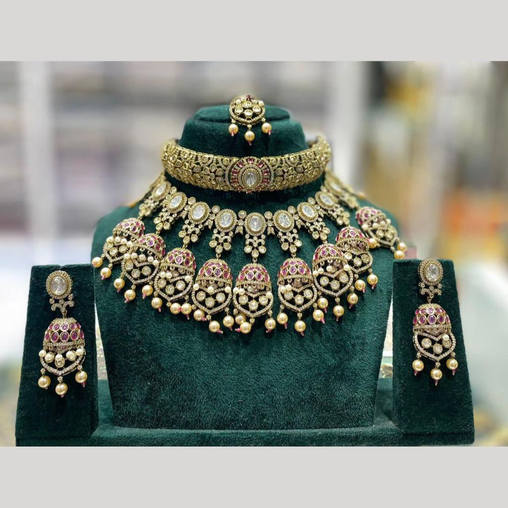 JCM Luxury Polki Kundan Stone And Pearl Choker Necklace Set 